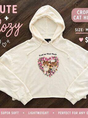 Forever 21 Cropped Hoodie “Look But Don’t Touch” Cat Graphic – Size Medium